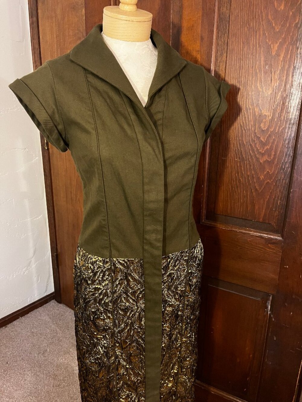Rachel Roy Olive Green Gold Metallic Brocade Shirt Dress Size 6